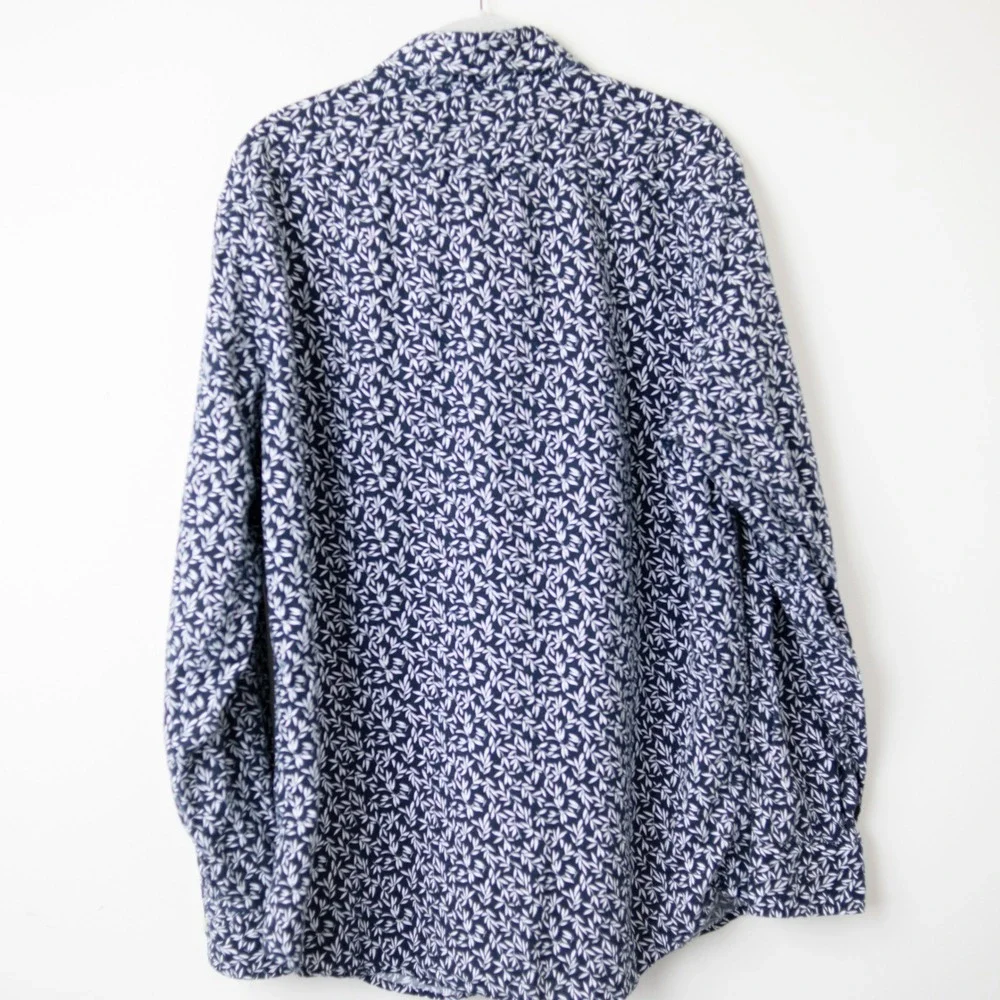 Banana Republic Linen Cotton Shirt Mens Large Blue Slim Fit Leaf Print Button Up